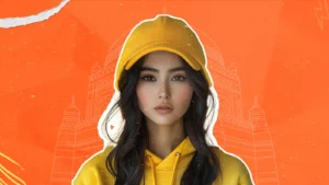 A female influencer in a yellow hoodie and cap symbolizing influencer audience analysis and listener engagement with heritage backdrop