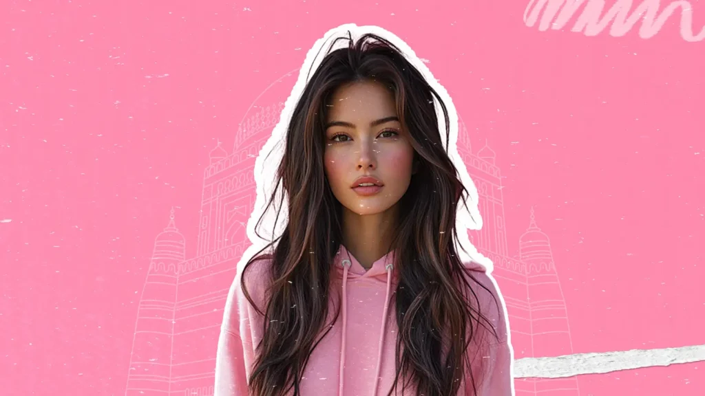 A woman in a pink hoodie representing influencer marketing for brand loyalty strategy with historic architecture in the backdrop
