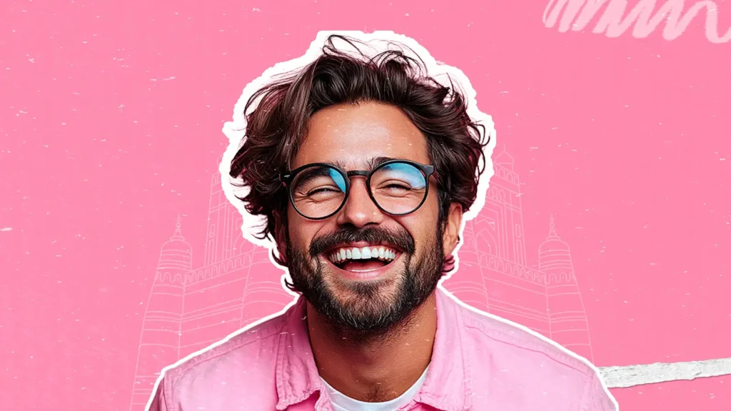 A smiling male influencer in pink shirt representing influencer marketing challenges and modern brand solutions with heritage background