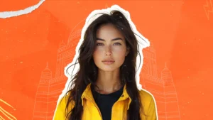A female influencer in yellow jacket symbolizing influencer marketing compliance and brand protection with heritage architecture in the background