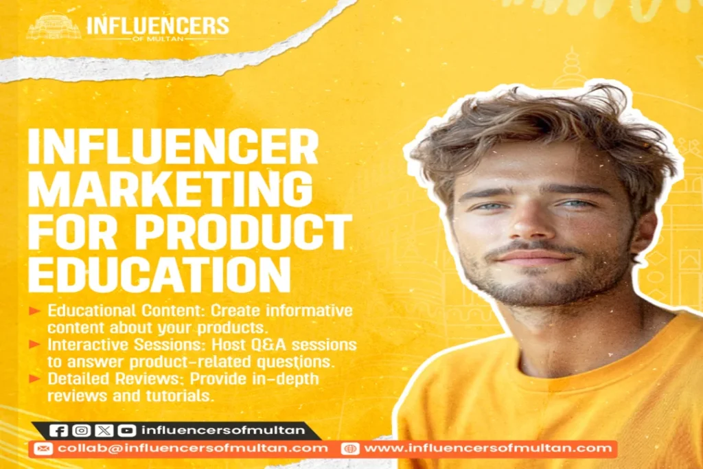 Influencer Marketing for Product Education visual with smiling man in yellow shirt and educational strategy tips