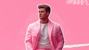 A stylish male influencer in a pink suit representing successful influencer marketing campaigns with a heritage-style backdrop