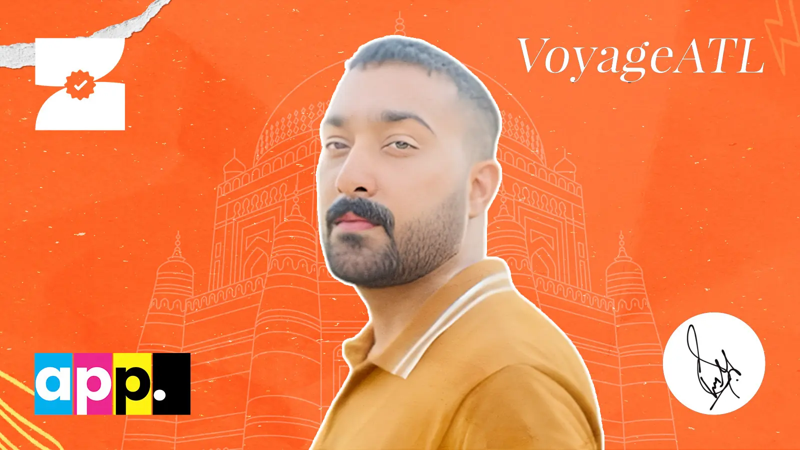 Shahrukh Nazar Malik, CEO of Zolix, featured in a VoyageATL banner with a Multan monument background and orange theme