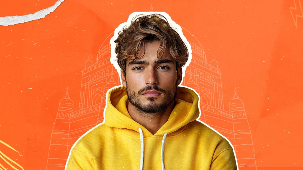A confident young man in a yellow hoodie representing user generated content for brand engagement with Multan's architecture in the background