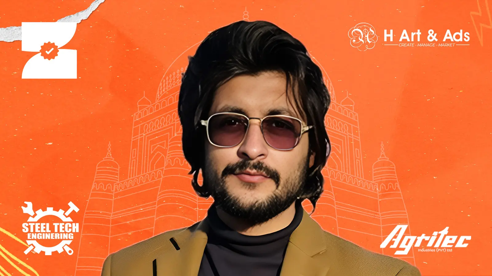 Hasaan Awan, Co-Founder and MD of Zolix, featured in an orange banner with branding from Steel Tech, Agritec, and H Art & Ads