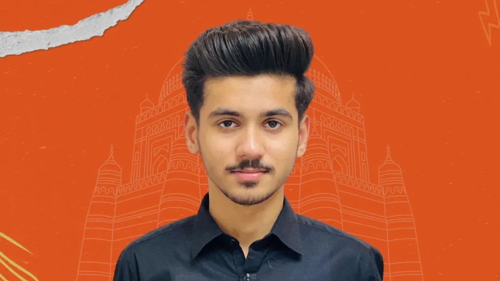 Mujhe young influencer in black shirt with orange Multan heritage backdrop