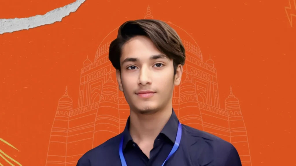 Mujhe confident young talent with orange Multan background and styled look
