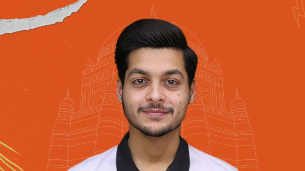 Mujhe young male profile with orange background and Multan tomb outline