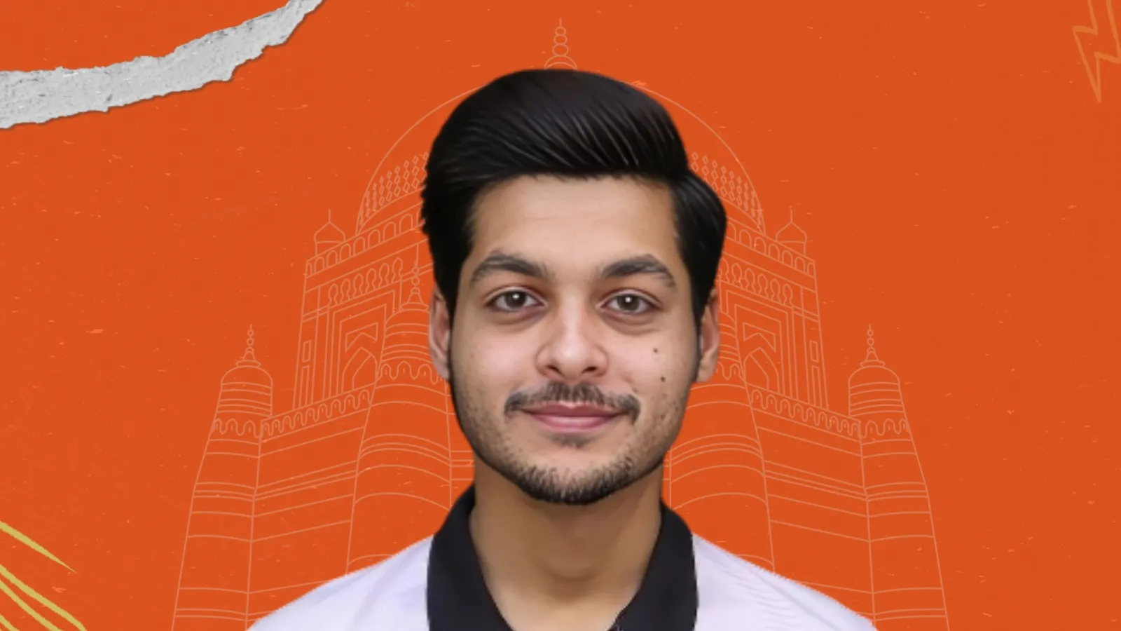 Mujhe young male profile with orange background and Multan tomb outline