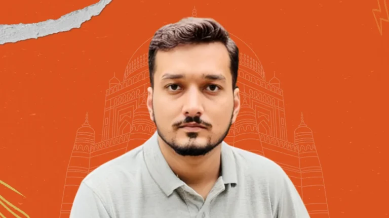 Portrait of a man with Multan architecture in background on orange banner