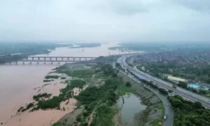 Aerial view of Chenab River flooding near Sialkot and Wazirabad