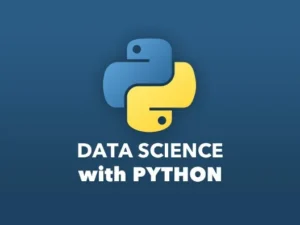 Logo featuring Python symbol with text Data Science with Python for programming and analytics courses