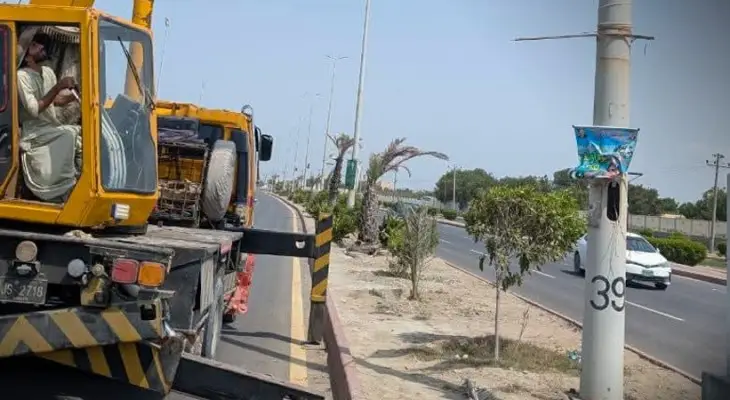 Solarization project in Gwadar with ongoing road work, part of the city’s plan for eco-friendly street lighting