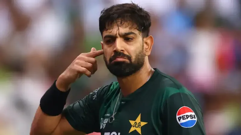 Pakistani fast bowler Haris Rauf reacts during Pakistan vs India Asia Cup match after ICC fine incident