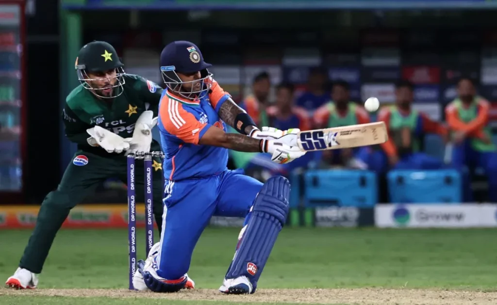 Indian batsman plays a shot against Pakistan during the Asia Cup 2025 Super 4 clash in Dubai.