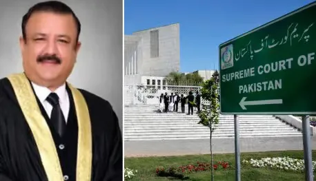 Justice Tariq Mehmood Jahangiri and Supreme Court of Pakistan building as SC suspends IHC order barring him from judicial work