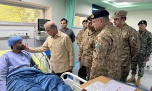Prime Minister Shehbaz Sharif visits soldier in hospital with Pakistan Army officers, highlighting security in KP tribal areas