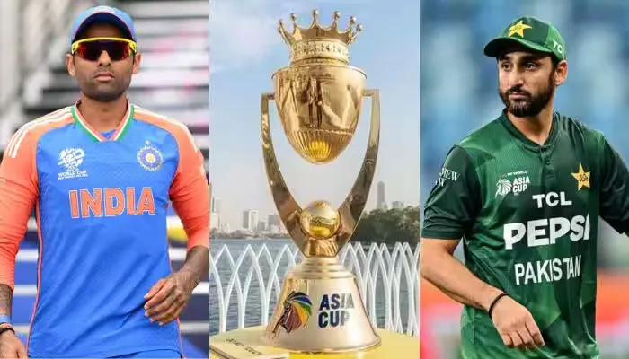 Pakistan and India captains with Asia Cup trophy before 2025 final in Dubai