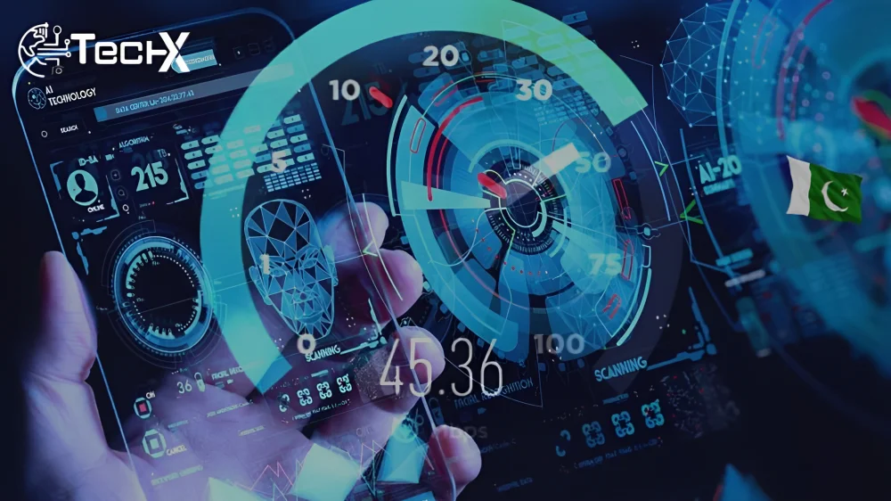 AI technology dashboard showing scanning and data visualization with Pakistan flag