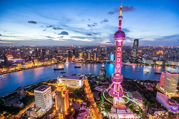Aerial night view of Shanghai city skyline symbolizing China Next Big Plan and its vision for economic growth and modernization under the 15th Five-Year Plan