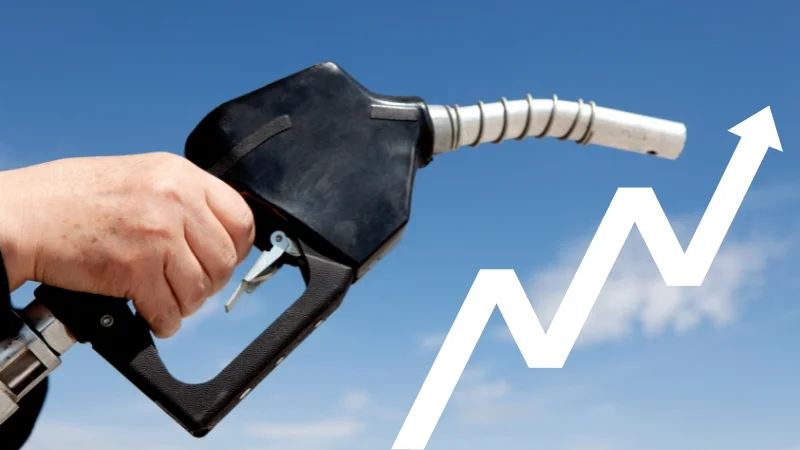 Increase in fuel prices in Pakistan with petrol pump nozzle and upward trend graph
