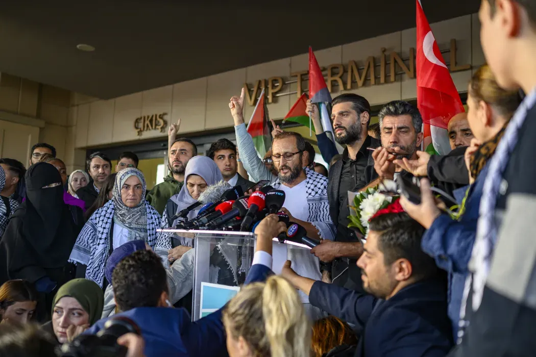 Global Solidarity Flotilla Activists arriving in Istanbul, Türkiye after release, showing unity and humanitarian support