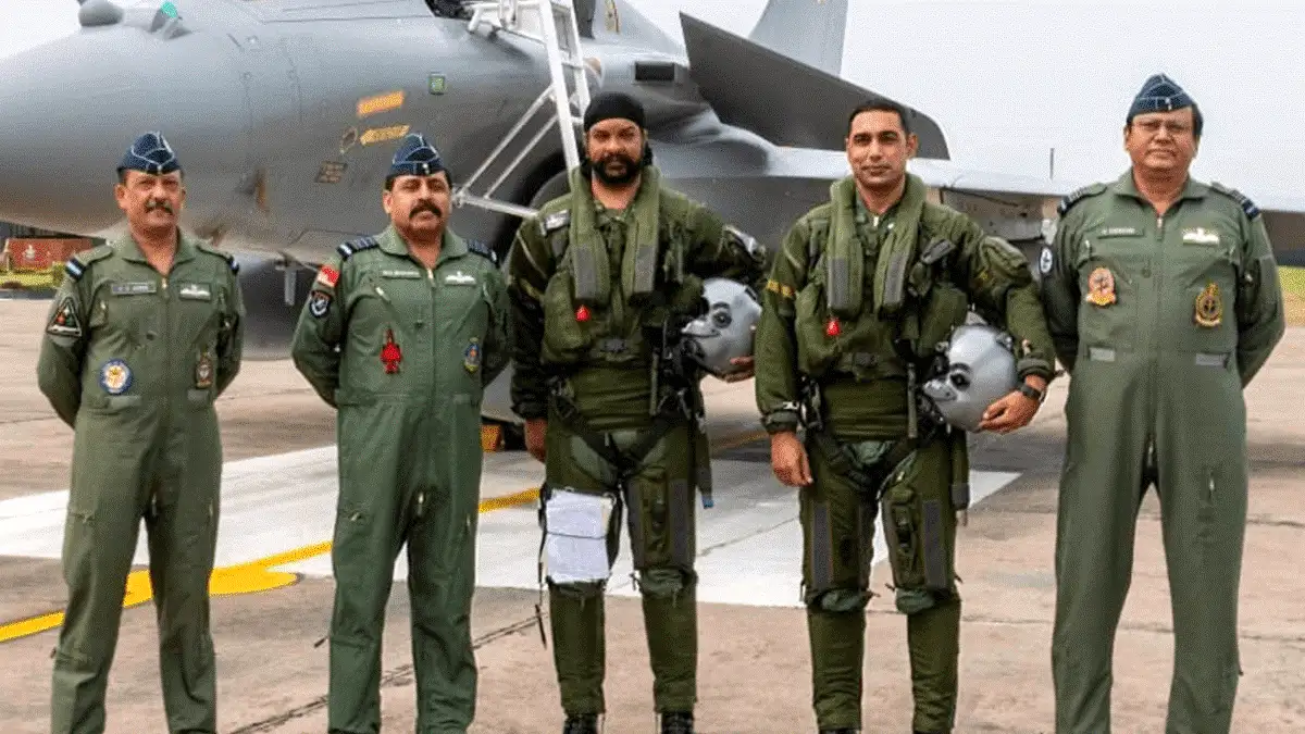 Indian Air Force pilots standing near aircraft ahead of UK Royal Air Force training collaboration
