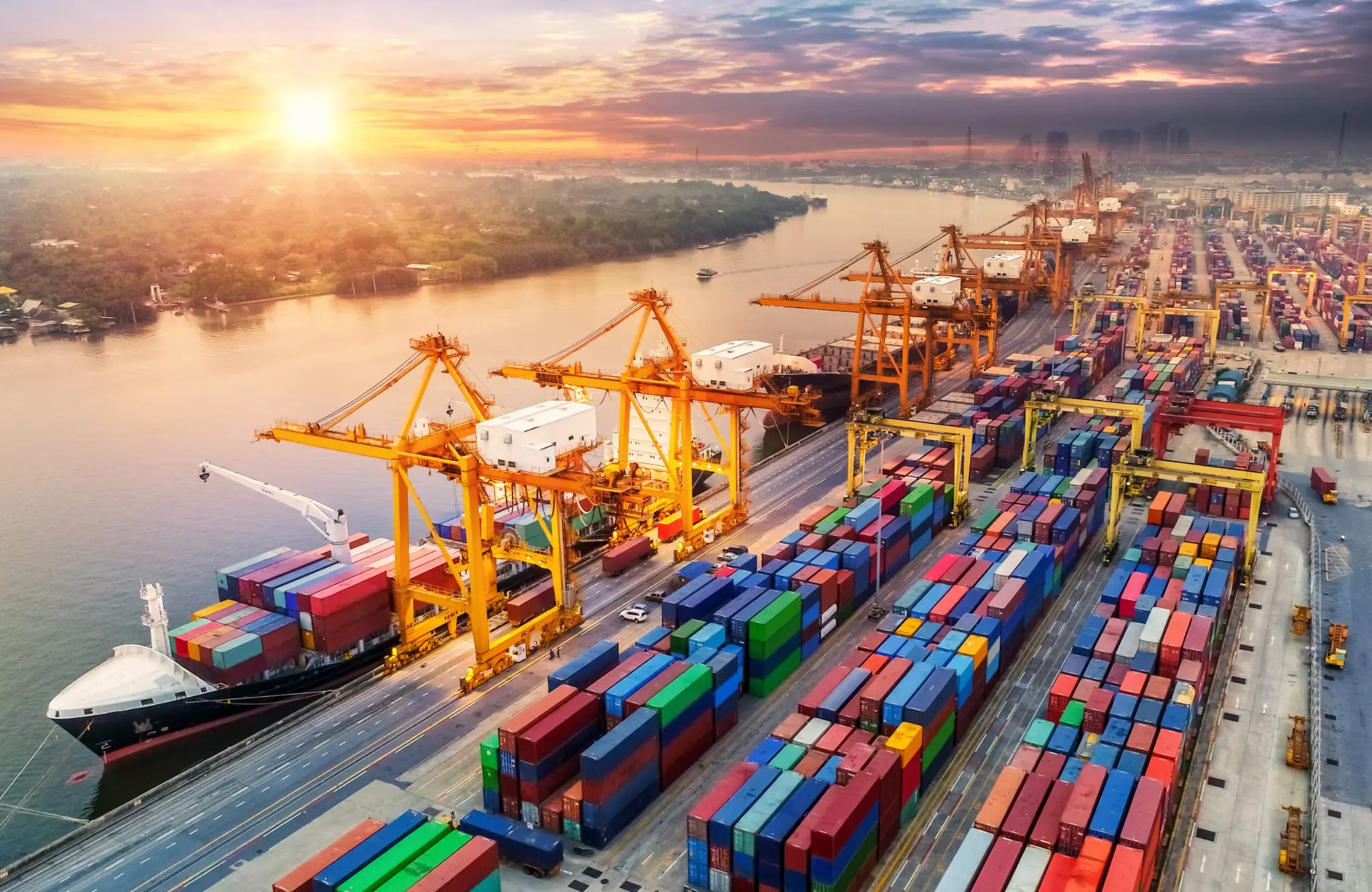 Cargo containers and cranes at Karachi Port as MSC MICOL, the largest ship in Pakistan’s history, arrives