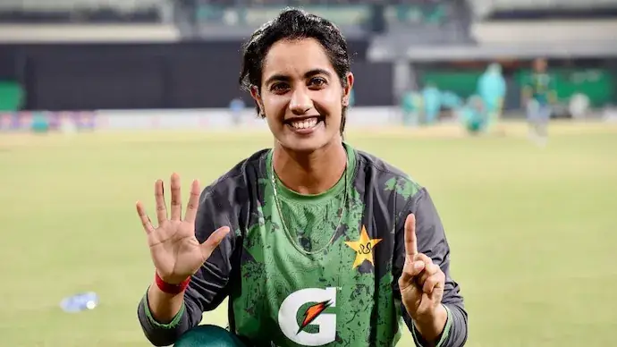 Pakistan cricketer Nashra Sandhu celebrating after setting a new Women’s World Cup record with 20 wickets in 16 matches