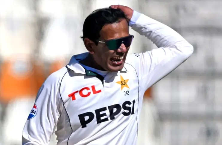 Noman Ali celebrates his six-wicket haul as Pakistan takes a 109-run lead over South Africa in the Lahore Test 2025.