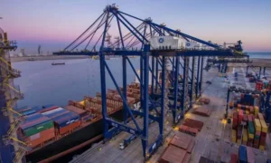 A view of Karachi Port showing cargo containers and cranes, representing Pakistan Offers Bangladesh Access to Karachi Port