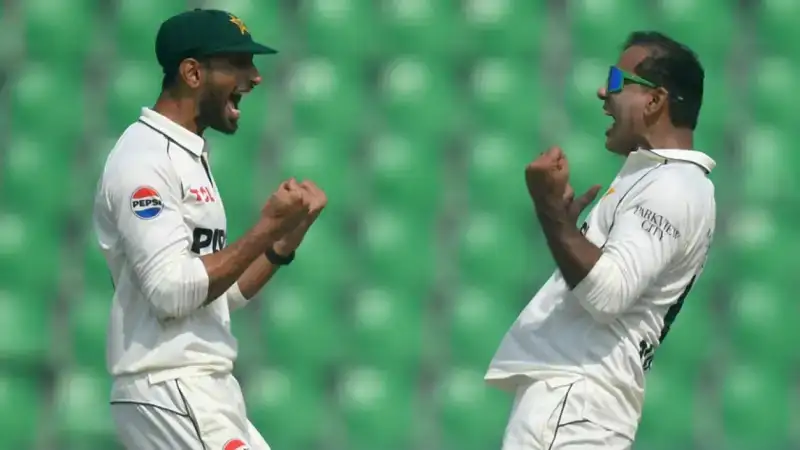 Pakistani cricketers celebrate victory against South Africa as Pakistan rise to No. 2 in ICC World Test Championship rankings.