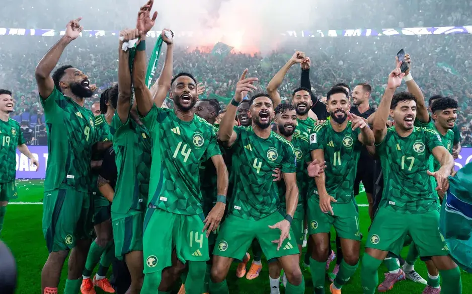 Saudi Arabia football team celebrates qualification for the FIFA World Cup 2026 after their match in Jeddah.