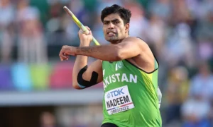 A Pakistani javelin thrower in action during a competition, used for the Arshad Nadeem Gold article.