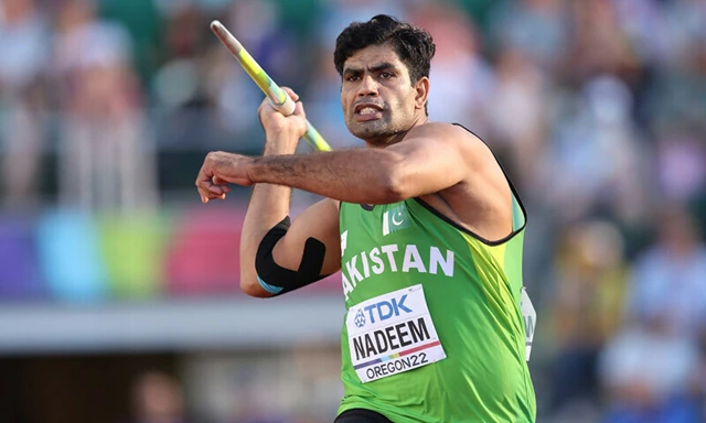 A Pakistani javelin thrower in action during a competition, used for the Arshad Nadeem Gold article.