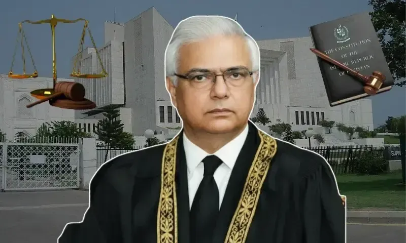 Justice Aminuddin Khan in front of Pakistan’s judicial building, representing his appointment as the first Chief Justice of the Federal Constitutional Court.