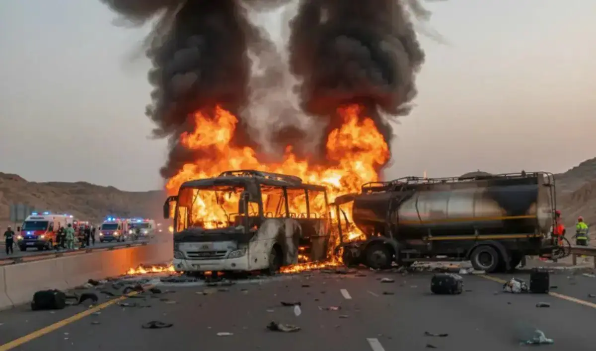 Burning bus and tanker after a deadly collision involving Indian Umrah pilgrims