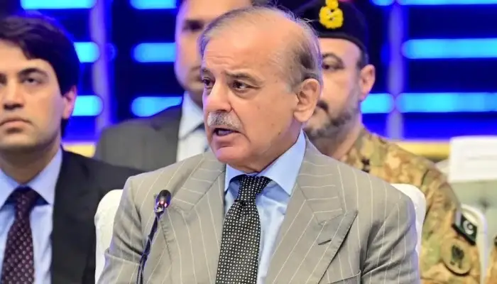 Prime Minister Shehbaz Sharif addresses media after condemning the Islamabad suicide attack and blaming Indian-sponsored groups