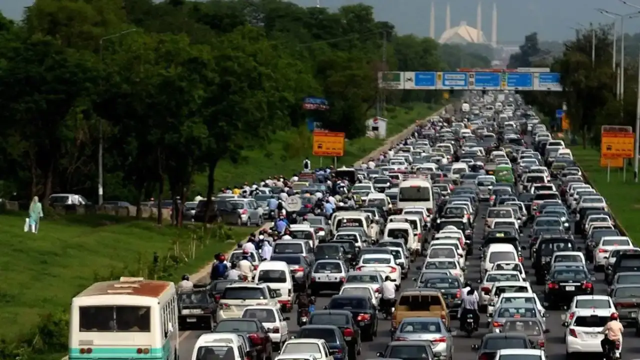 Heavy traffic jam in Islamabad, with vehicles lined up on the road