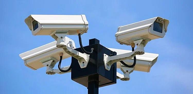 Surveillance cameras installed for the Karachi Safe City Project, highlighting security concerns after a recent theft of equipment.