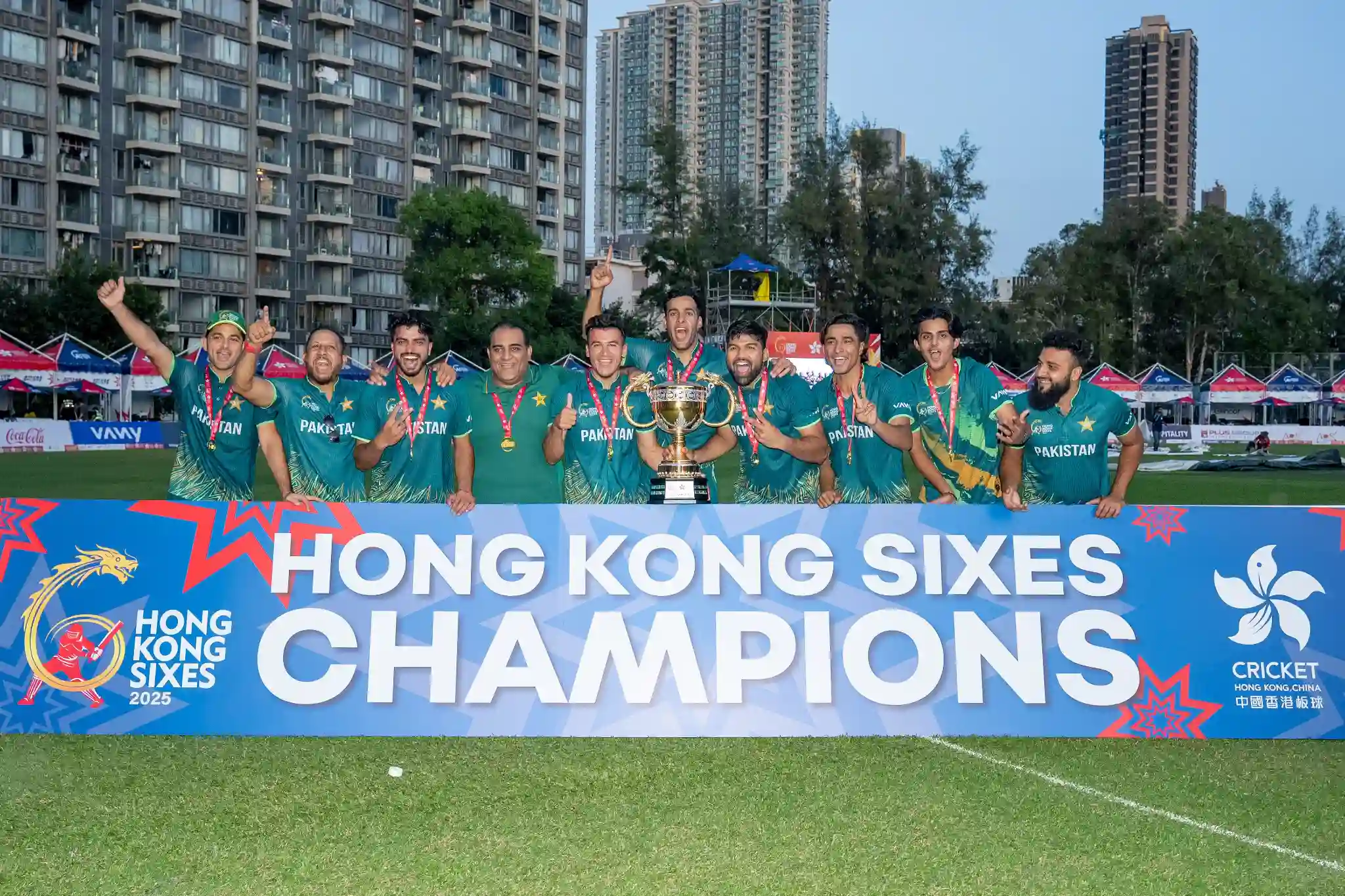 Pakistan cricket team celebrating victory after winning the Hong Kong Sixes 2025 final against Kuwait for their sixth championship title