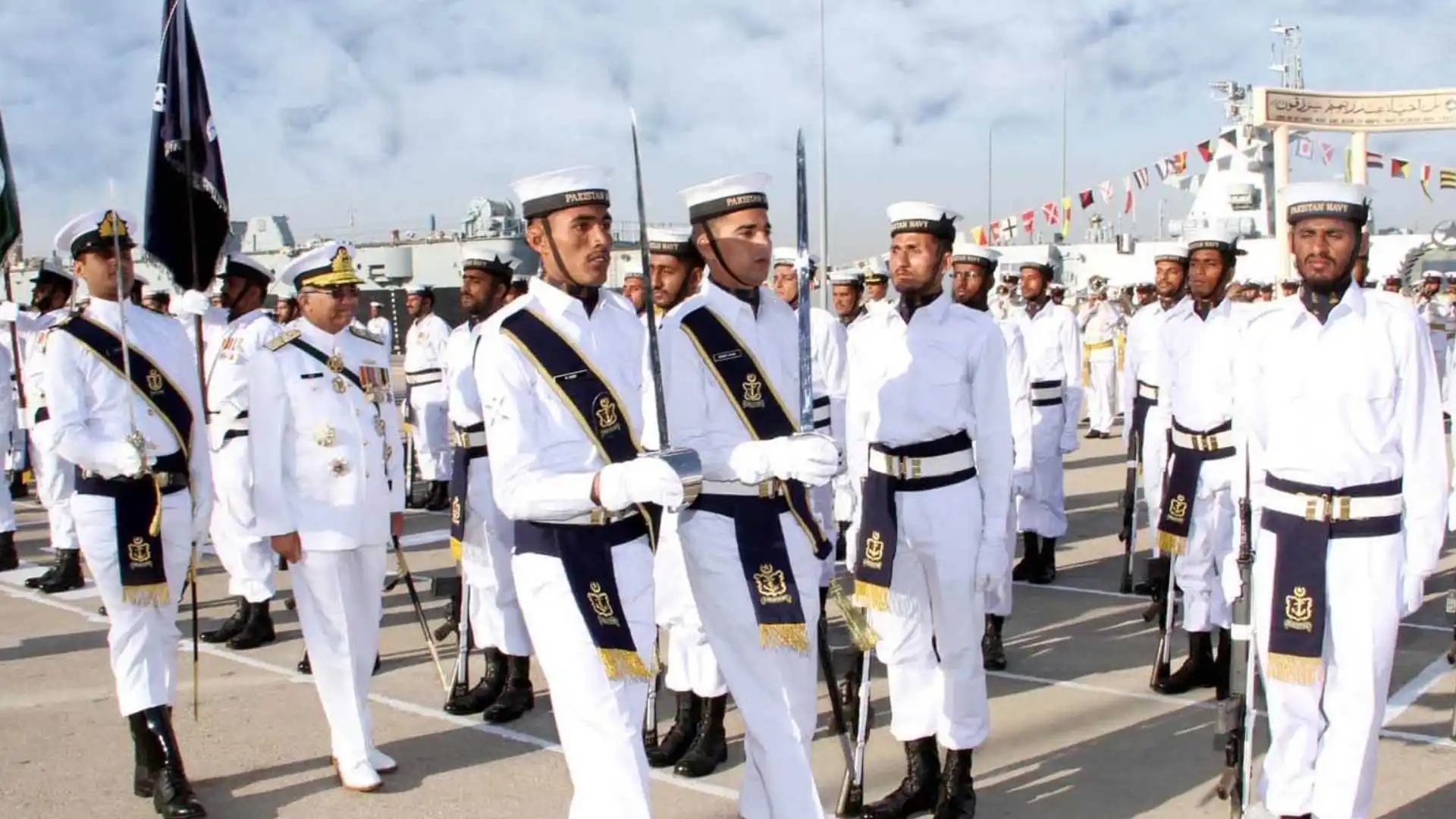 Pakistan Navy officers during the Iqbal Day ceremony taking over honorary guard duties at Allama Iqbal’s Mausoleum in Lahore