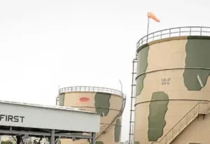 Industrial storage tanks at a Pakistani facility linked to Saudi export operations