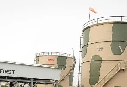 Industrial storage tanks at a Pakistani facility linked to Saudi export operations