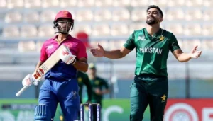 A cricket scene showing a bowler celebrating and a batter standing nearby during the Pakistan Shaheens vs UAE match.