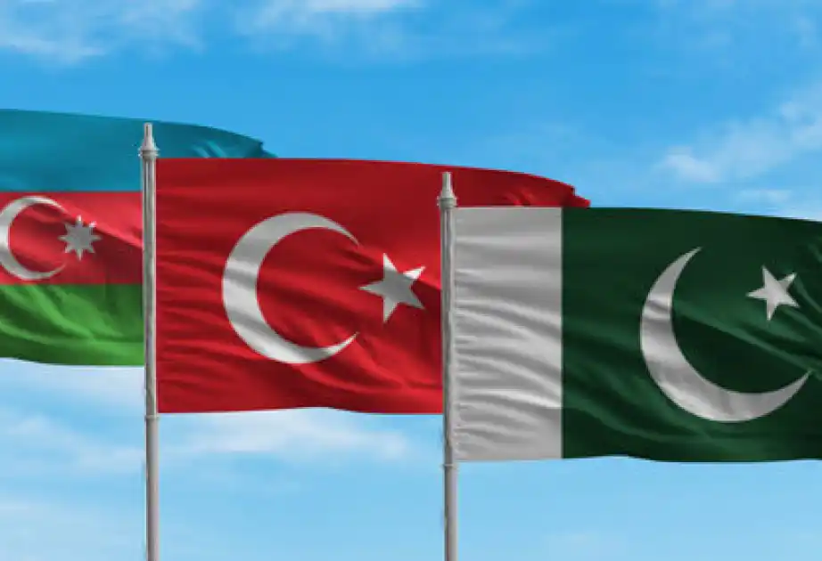 National flags of Pakistan, Türkiye, and Azerbaijan symbolizing unity and brotherhood during the Victory Day aerial flypast
