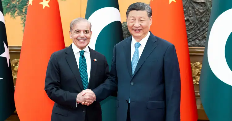 Shehbaz Sharif and Xi Jinping meet, symbolizing the growing positive sentiment towards China in Pakistan since 2015.