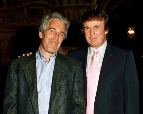 A symbolic scene related to the Trump Epstein files showing two unidentified men standing together at a formal event