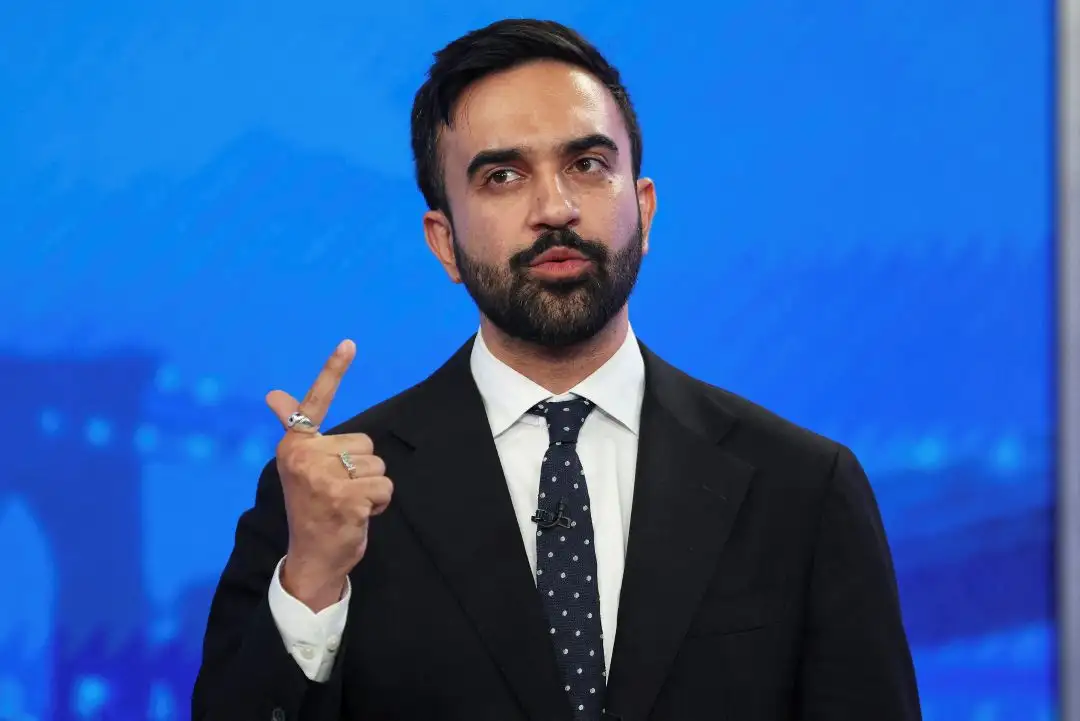 A newly elected mayor speaking during a press event, representing Zohran Mamdani Starbucks Boycott