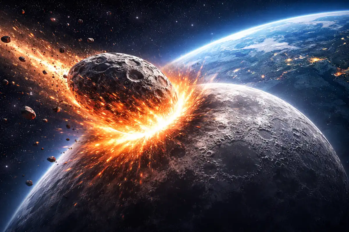 Asteroid colliding with a planetary surface near Earth causing a massive explosion in outer space